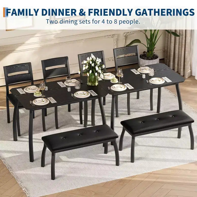 Eettafelset voor 4 personen, stevige houten keukentafel met afgeschuind ontwerp en metalen poten, gestoffeerde bank en 2 klassieke eetkamerstoelen, keuken- en eetset