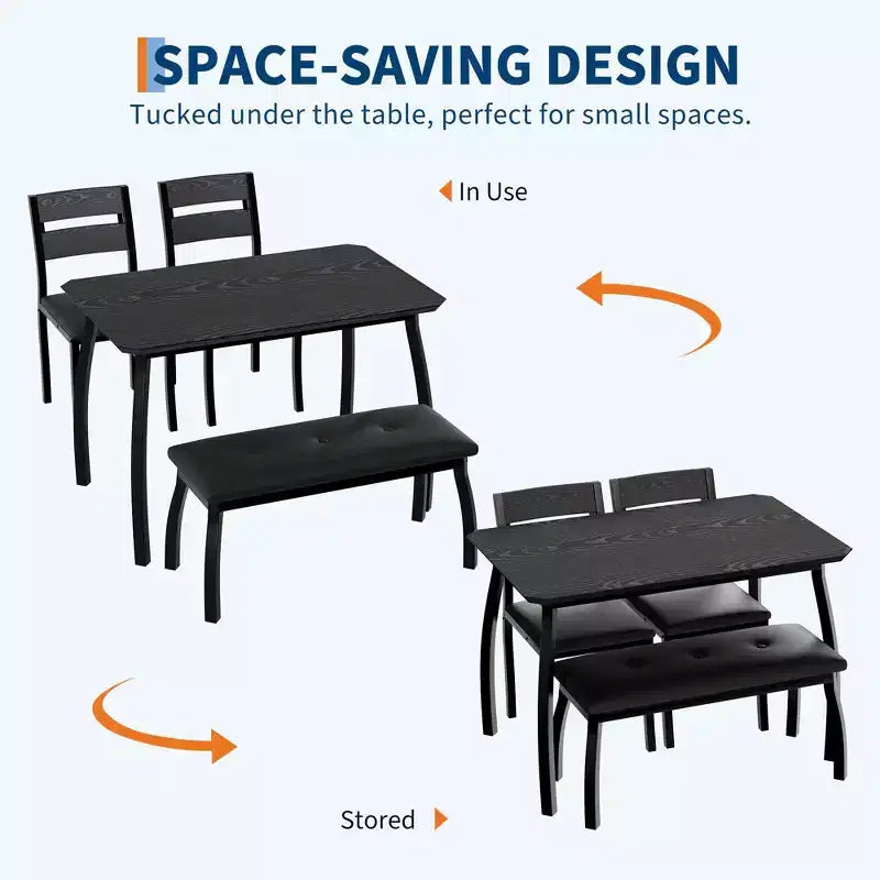 Eettafelset voor 4 personen, stevige houten keukentafel met afgeschuind ontwerp en metalen poten, gestoffeerde bank en 2 klassieke eetkamerstoelen, keuken- en eetset