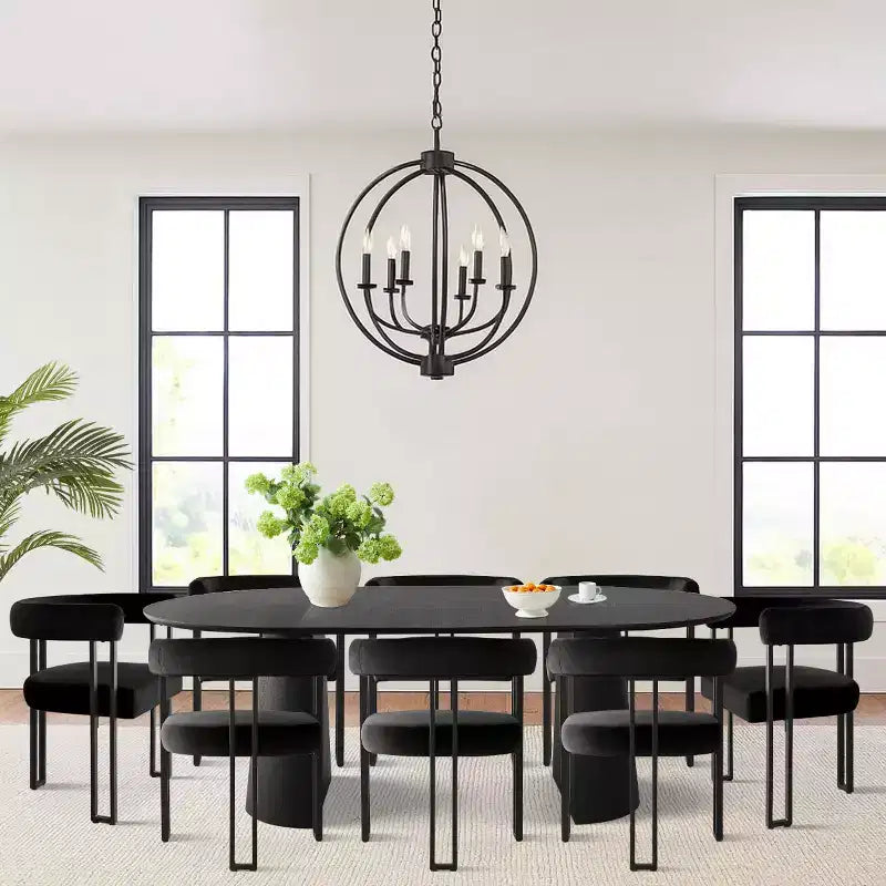 Expandable Round to Oval Dining Table Set with 8 Velvet Chairs, 3-in-1 Pedestal Dining Set, Seats 4 to 8, Modern Dining Room Set-Panipeachy