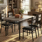 Garvee 5 Piece Dining Table Set for 4, Wooden Industrial Rectangular Kitchen Dinner Table w/ 4 Upholstered High Back Chairs Set