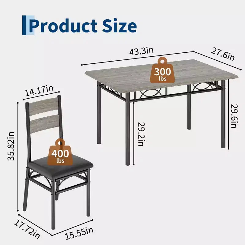 Garvee 5 Piece Dining Table Set for 4, Wooden Industrial Rectangular Kitchen Dinner Table w/ 4 Upholstered High Back Chairs Set