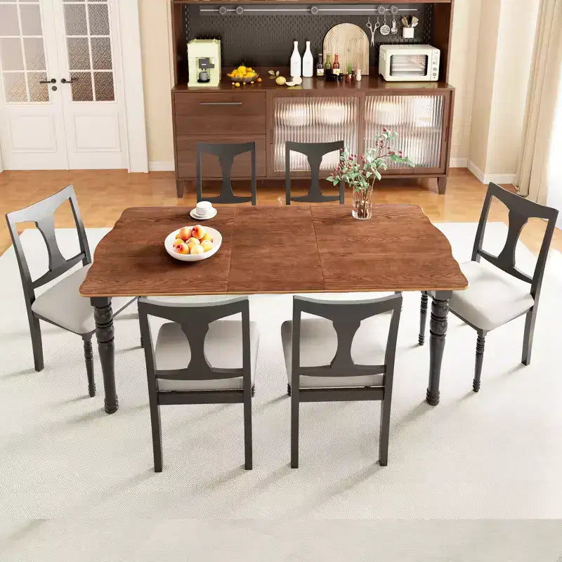 7-delige uitschuifbare eettafelset met tafel van 60-78 en 6 gestoffeerde stoelen