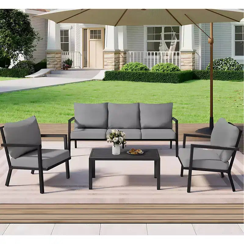 HAPPATIO aluminium tuinmeubelset, 4-delige loungeset met dikke kussens voor tuin, achtertuin en veranda, beige