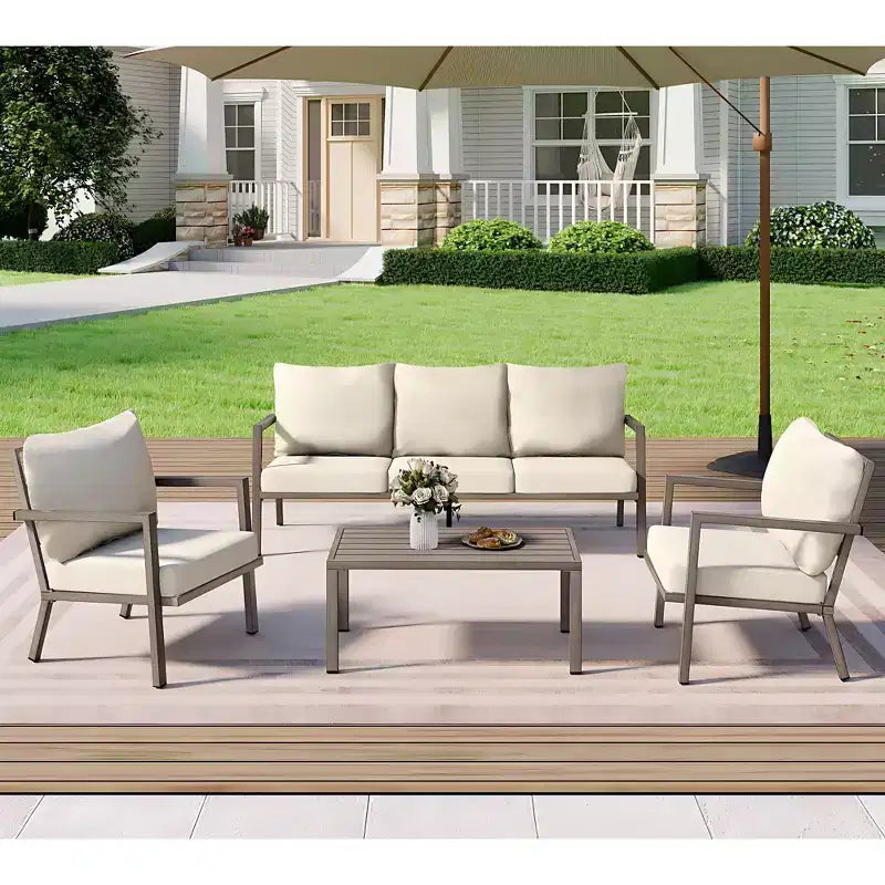 HAPPATIO aluminium tuinmeubelset, 4-delige loungeset met dikke kussens voor tuin, achtertuin en veranda, beige