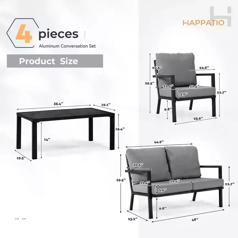 HAPPATIO aluminium tuinmeubelset, 4-delige loungeset met dikke kussens voor tuin, achtertuin en veranda, beige
