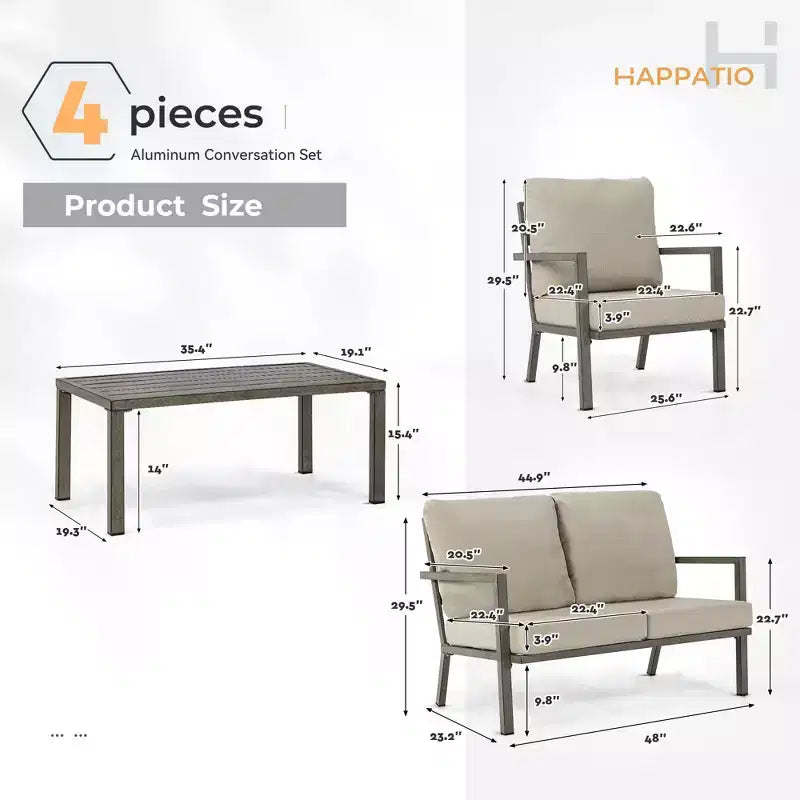 HAPPATIO aluminium tuinmeubelset, 4-delige loungeset met dikke kussens voor tuin, achtertuin en veranda, beige