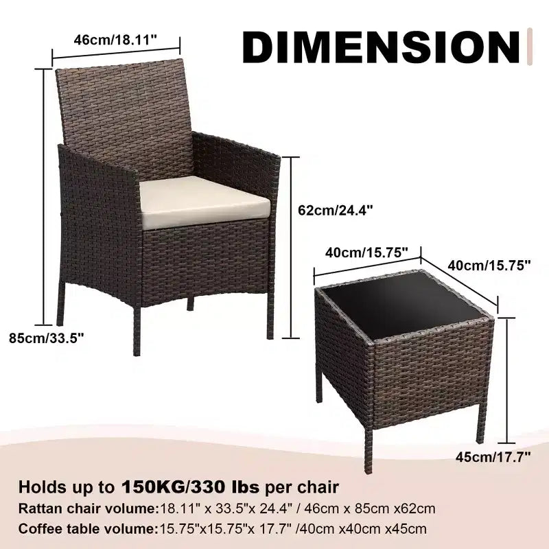 3 Piece Patio Set, PE Rattan Patio Conversation Set with 2 Chairs and 1 Coffee Table, Outdoor Patio Furniture Set for Patio Front Porch Balcony Bistro