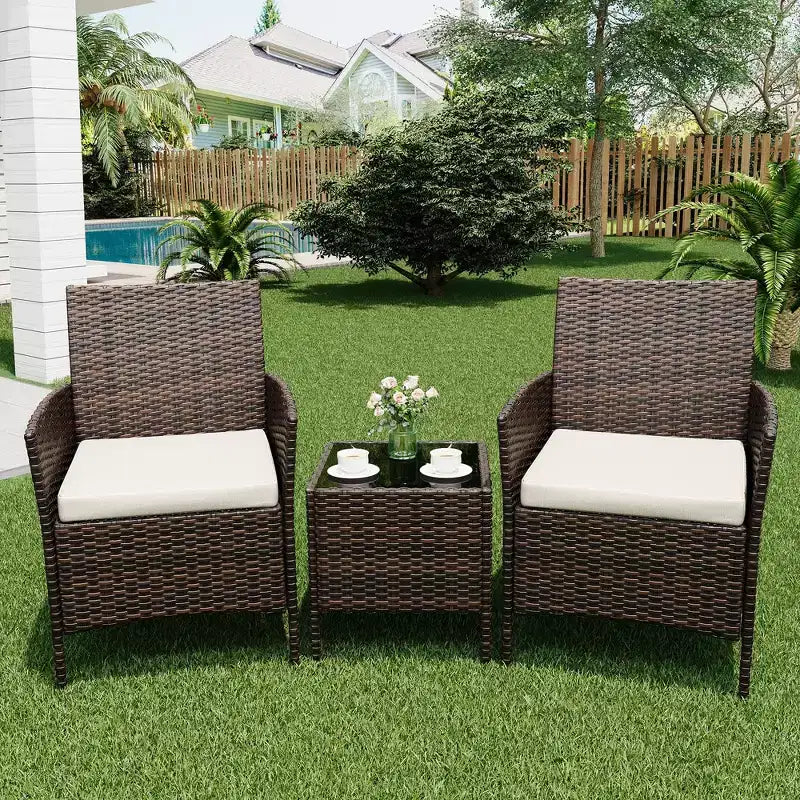 3 Piece Patio Set, PE Rattan Patio Conversation Set with 2 Chairs and 1 Coffee Table, Outdoor Patio Furniture Set for Patio Front Porch Balcony Bistro