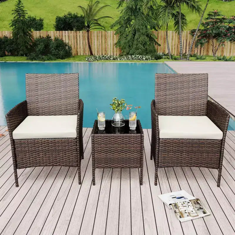 3 Piece Patio Set, PE Rattan Patio Conversation Set with 2 Chairs and 1 Coffee Table, Outdoor Patio Furniture Set for Patio Front Porch Balcony Bistro
