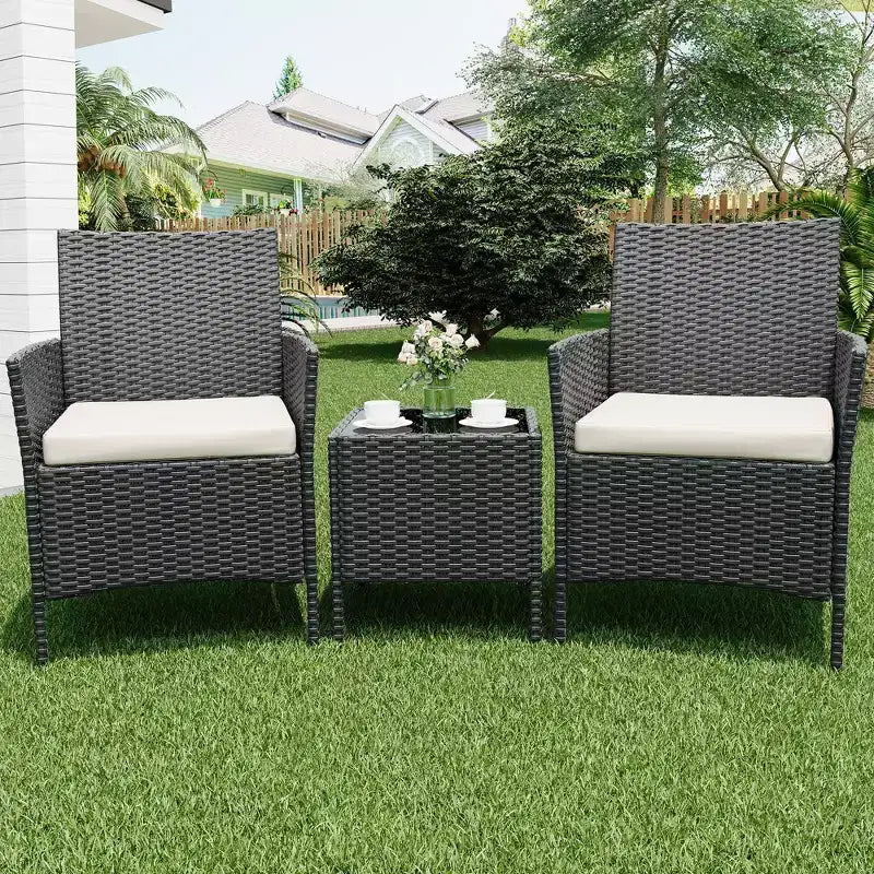 3 Piece Patio Set, PE Rattan Patio Conversation Set with 2 Chairs and 1 Coffee Table, Outdoor Patio Furniture Set for Patio Front Porch Balcony Bistro