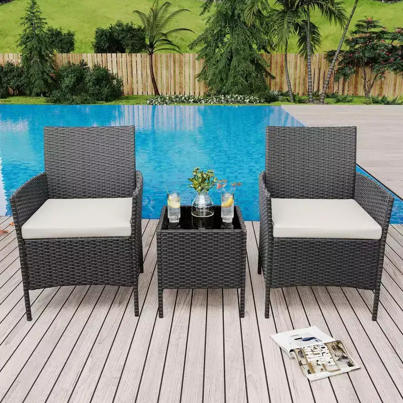 3 Piece Patio Set, PE Rattan Patio Conversation Set with 2 Chairs and 1 Coffee Table, Outdoor Patio Furniture Set for Patio Front Porch Balcony Bistro