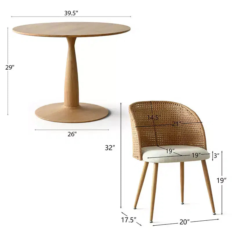 Ronde eettafelset voor 4 personen, tafel met voetstuk in natuurlijke houttint en gestoffeerde eetkamerstoelen met rotan rugleuningen, ideaal voor de eetkamer-Panipeachy