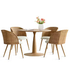 Ronde eettafelset voor 4 personen, tafel met voetstuk in natuurlijke houttint en gestoffeerde eetkamerstoelen met rotan rugleuningen, ideaal voor de eetkamer-Panipeachy