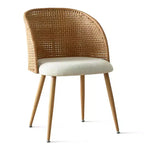 Ronde eettafelset voor 4 personen, tafel met voetstuk in natuurlijke houttint en gestoffeerde eetkamerstoelen met rotan rugleuningen, ideaal voor de eetkamer-Panipeachy