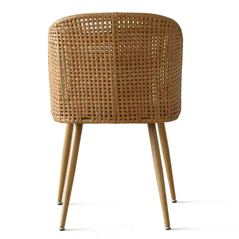 Ronde eettafelset voor 4 personen, tafel met voetstuk in natuurlijke houttint en gestoffeerde eetkamerstoelen met rotan rugleuningen, ideaal voor de eetkamer-Panipeachy