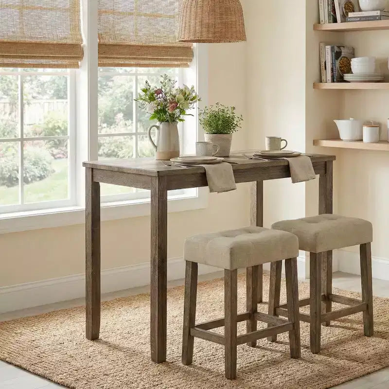 GDFStudio Bennett Transitional Wood 3-Piece Counter Height Dining Set with Biscuit-Tufted Cushioned Stools