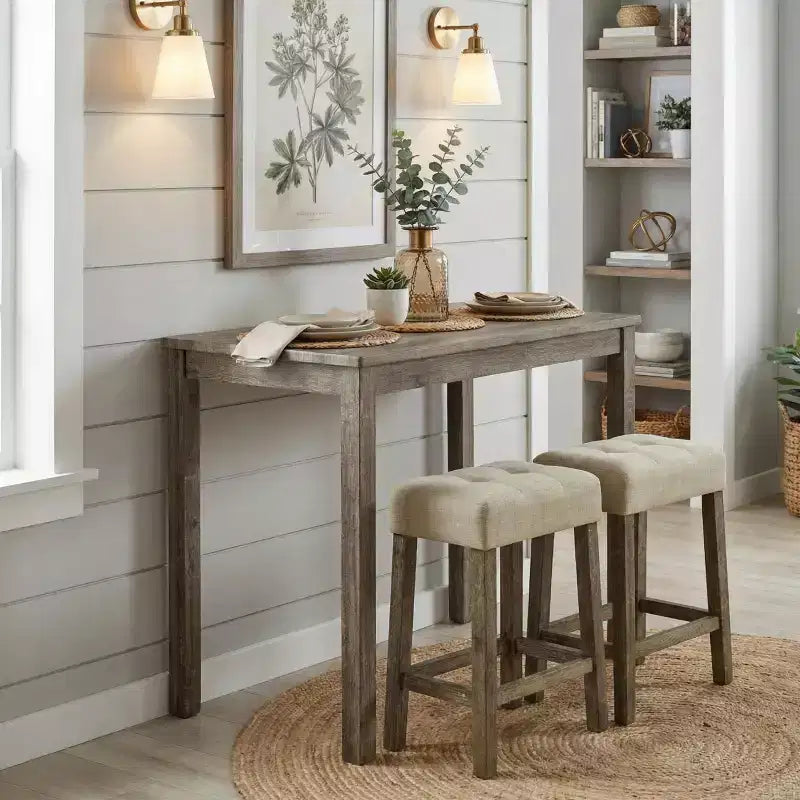 GDFStudio Bennett 3-delige eethoek van hout met barhoogte, met krukjes met biscuitgestikte bekleding