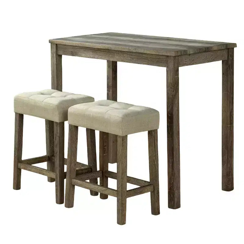 GDFStudio Bennett 3-delige eethoek van hout met barhoogte, met krukjes met biscuitgestikte bekleding