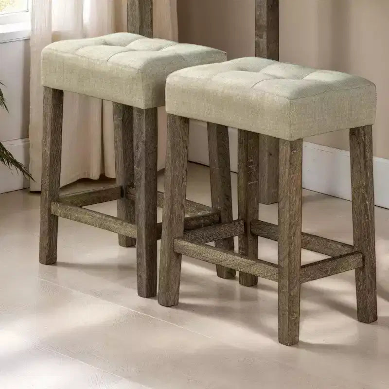 GDFStudio Bennett 3-delige eethoek van hout met barhoogte, met krukjes met biscuitgestikte bekleding