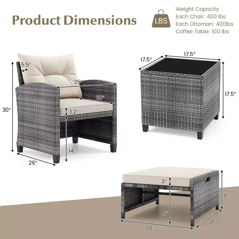Costway 5 Piece Patio Rattan Furniture with 2 Ottomans & Tempered Glass Coffee Table Mix Gray + Turquoise/Off-White/Red/Brown/Gray/Navy/Black