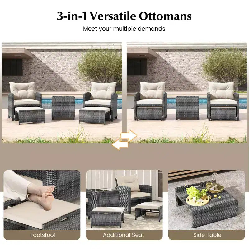 Costway 5 Piece Patio Rattan Furniture with 2 Ottomans & Tempered Glass Coffee Table Mix Gray + Turquoise/Off-White/Red/Brown/Gray/Navy/Black
