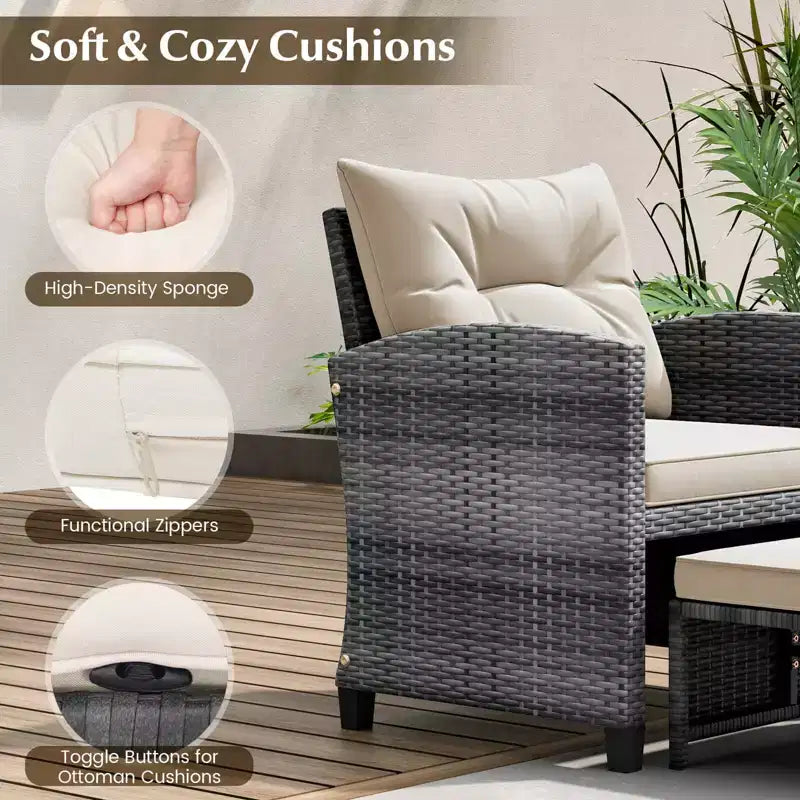 Costway 5 Piece Patio Rattan Furniture with 2 Ottomans & Tempered Glass Coffee Table Mix Gray + Turquoise/Off-White/Red/Brown/Gray/Navy/Black