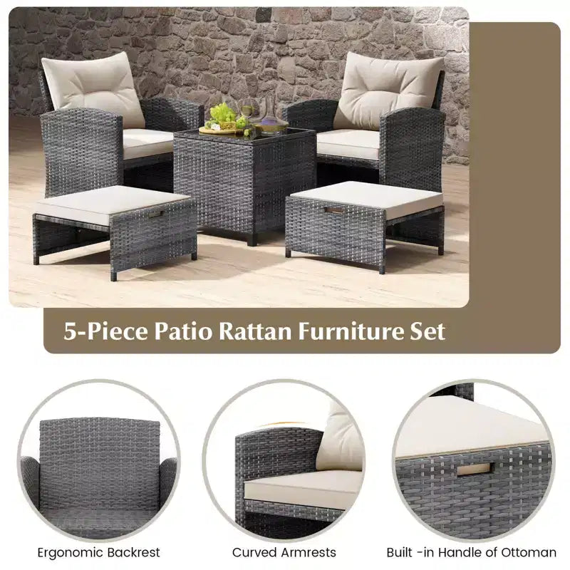 Costway 5 Piece Patio Rattan Furniture with 2 Ottomans & Tempered Glass Coffee Table Mix Gray + Turquoise/Off-White/Red/Brown/Gray/Navy/Black
