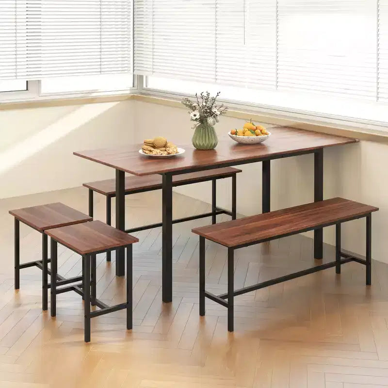 Costway 5 PCS Dining Table Set for 4-6 w/ 2 Benches & 2 Stools Metal Frame Dining Room Walnut