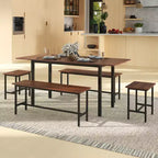 Costway 5 PCS Dining Table Set for 4-6 w/ 2 Benches & 2 Stools Metal Frame Dining Room Walnut