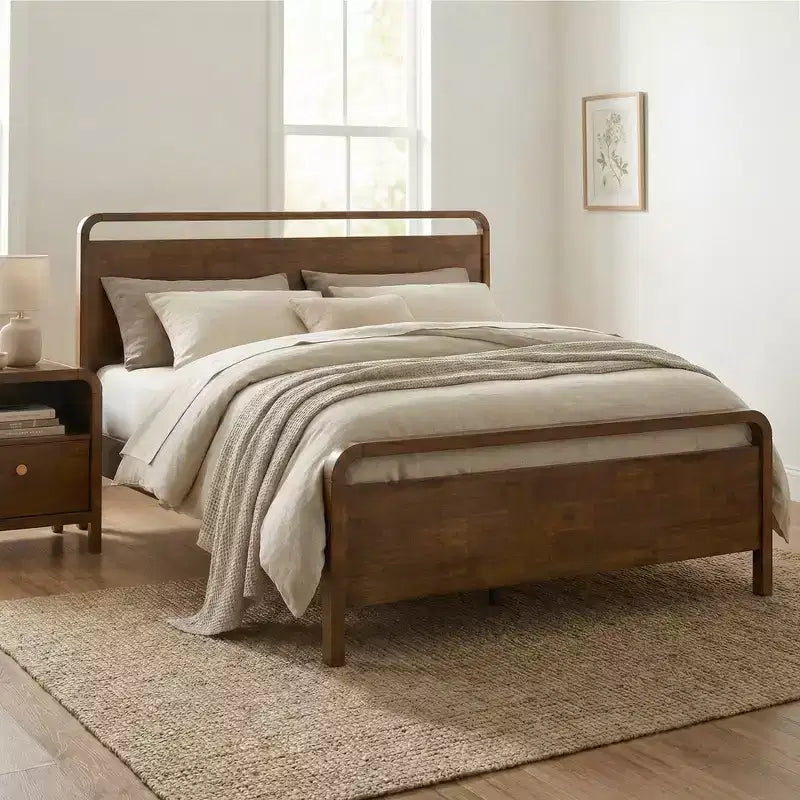 Roundhill Furniture Eldren-slaapkamerset van hout, platformbed met ladekast, spiegel, twee nachtkastjes en ladekast, walnootafwerking