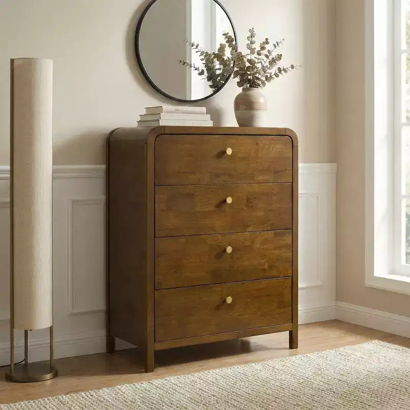 Roundhill Furniture Eldren-slaapkamerset van hout, platformbed met ladekast, spiegel, twee nachtkastjes en ladekast, walnootafwerking