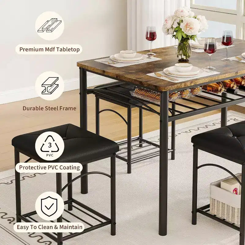 Eetkamertafelset voor 4 personen met gestoffeerde banken en 2 krukken, moderne ruimtebesparende ontbijttafel voor de keuken
