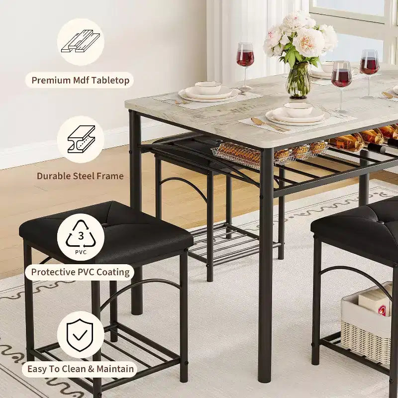 Eetkamertafelset voor 4 personen met gestoffeerde banken en 2 krukken, moderne ruimtebesparende ontbijttafel voor de keuken