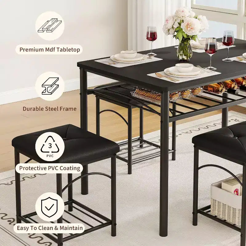 Eetkamertafelset voor 4 personen met gestoffeerde banken en 2 krukken, moderne ruimtebesparende ontbijttafel voor de keuken