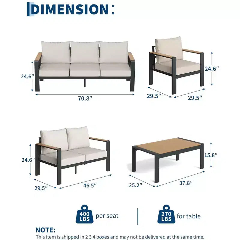 Ensemble de terrasse en aluminium en 5 pièces, ensemble de conversation modulable avec coussins épais lavables et table basse pour terrasse - beige