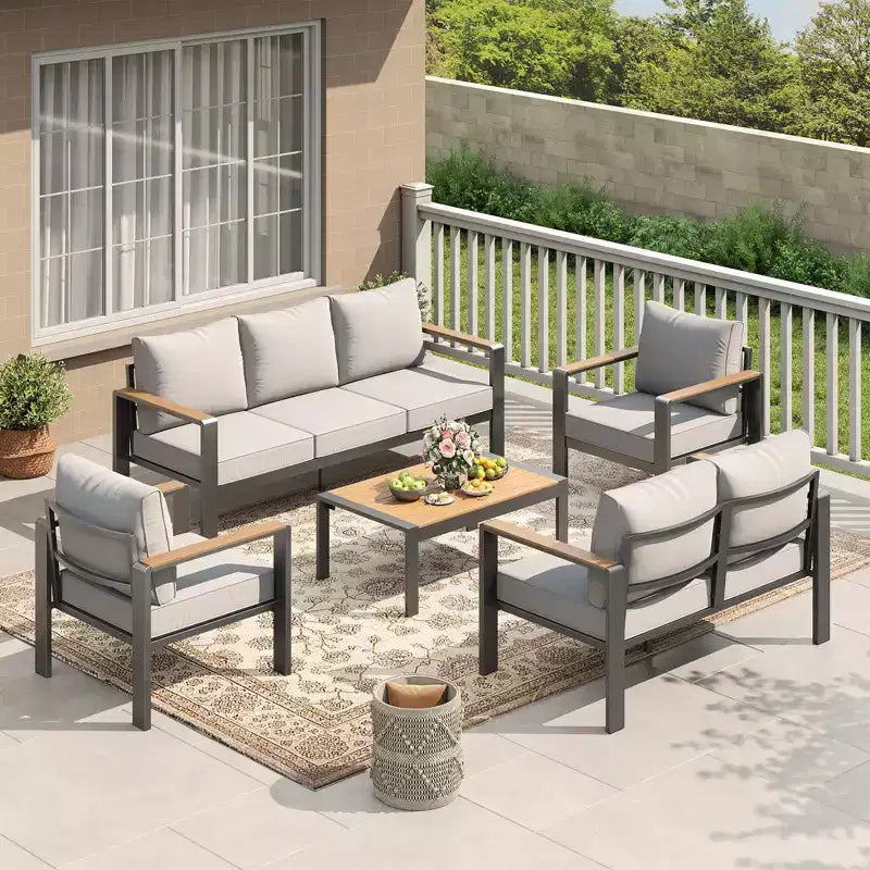 Ensemble de terrasse en aluminium en 5 pièces, ensemble de conversation modulable avec coussins épais lavables et table basse pour terrasse - beige