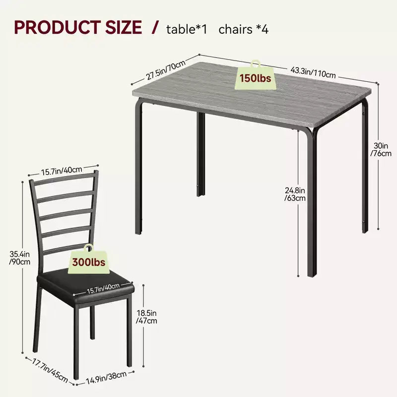 COZONY 5-delige keukentafel- en stoelenset voor 4 personen, rechthoekige eetkamerset met 4 gestoffeerde stoelen, ruimtebesparende diningset