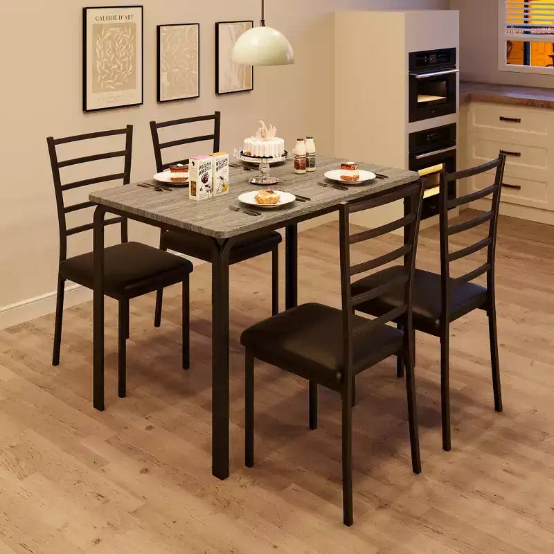 COZONY 5-delige keukentafel- en stoelenset voor 4 personen, rechthoekige eetkamerset met 4 gestoffeerde stoelen, ruimtebesparende diningset
