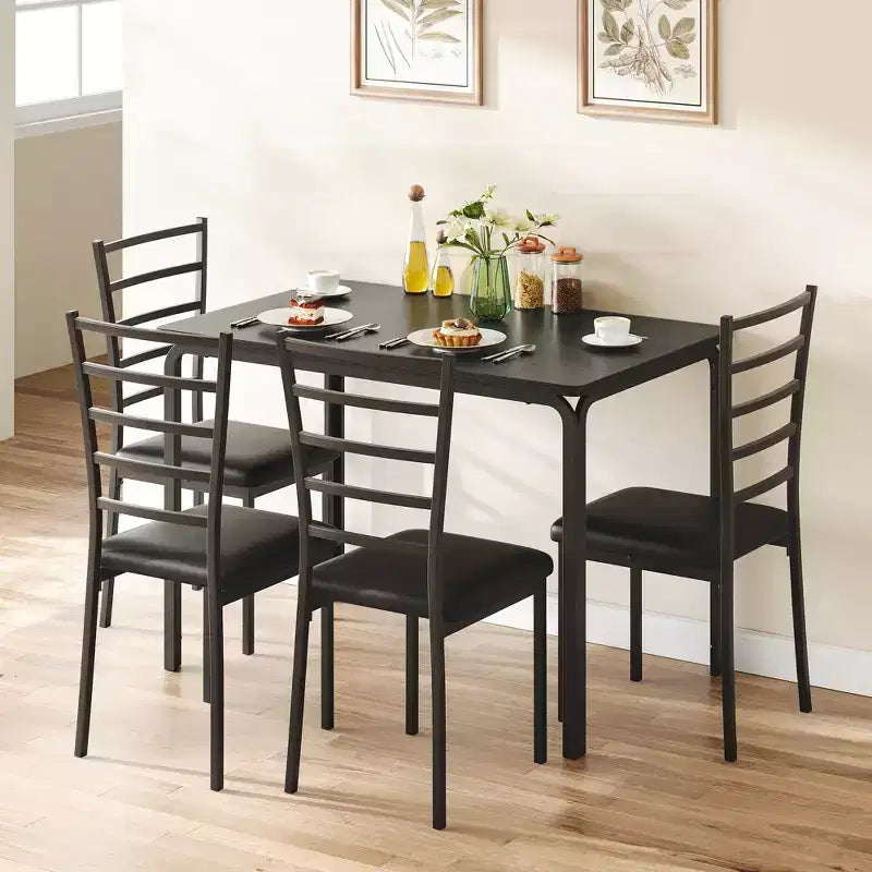 COZONY 5-delige keukentafel- en stoelenset voor 4 personen, rechthoekige eetkamerset met 4 gestoffeerde stoelen, ruimtebesparende diningset