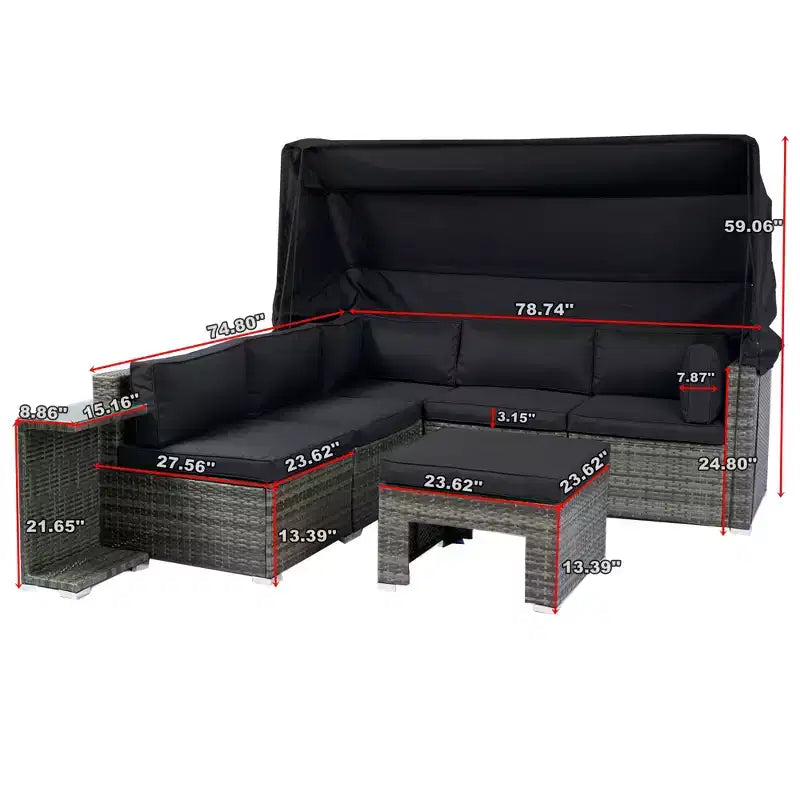 GDFStudio Solio Modern 7 Piece Iron and PE Rattan Patio Sectional Sofa with Retractable Canopy and Washable Cushions