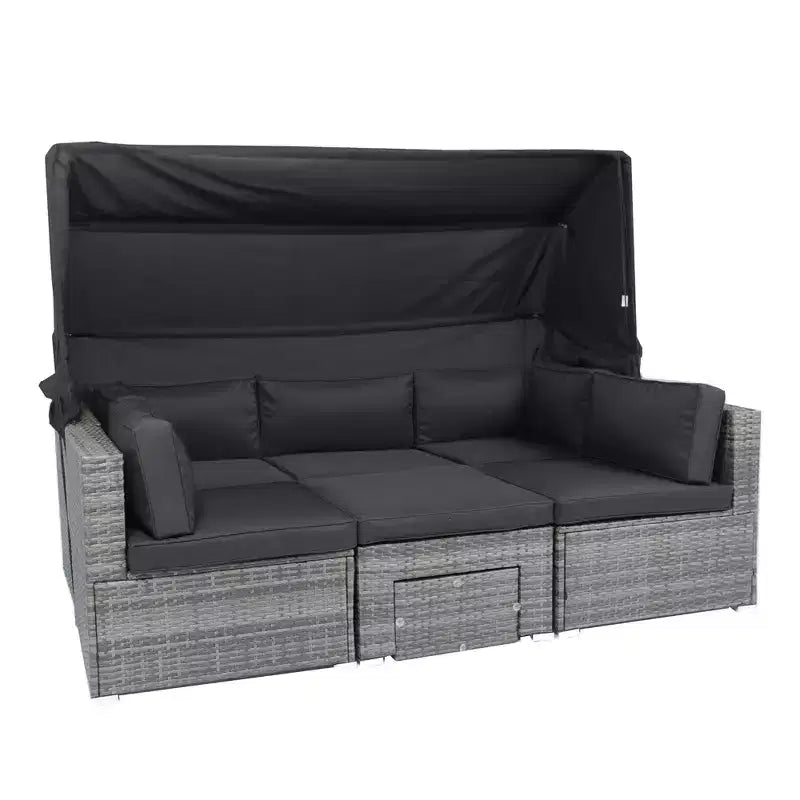 GDFStudio Solio Modern 7 Piece Iron and PE Rattan Patio Sectional Sofa with Retractable Canopy and Washable Cushions