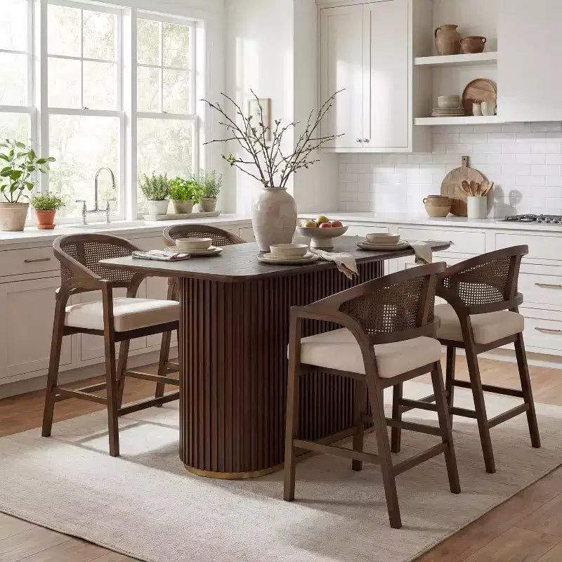 Christopher Knight Home Mirae Mid-Century Modern 5 Piece Rubberwood Rattan Counter Stools with Fluted Counter Table