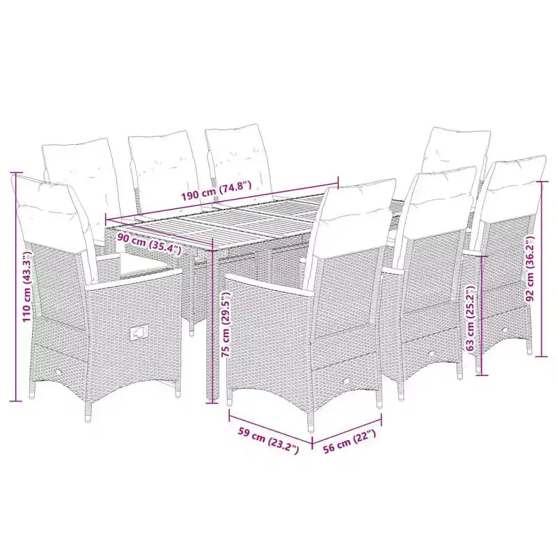 vidaXL tuin-eetset, zwart PE-rattan, voor 8 personen, verstelbare armleuningen