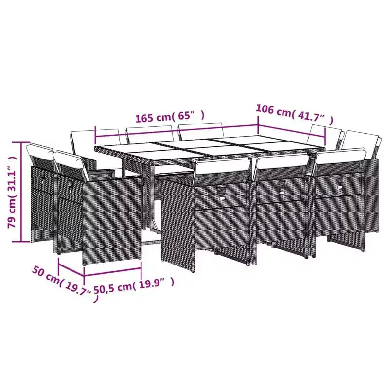 vidaXL Patio Dining Set Set of 10 Gray PE Rattan Large Collapsible