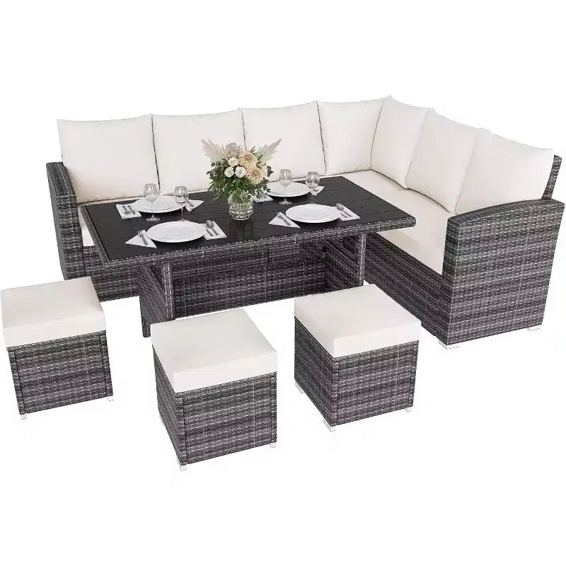 9-Seat PE Rattan Patio Sectional Sofa Set with Storage Table Water-Repellent Cushions Gray for Backyard Deck Poolside
