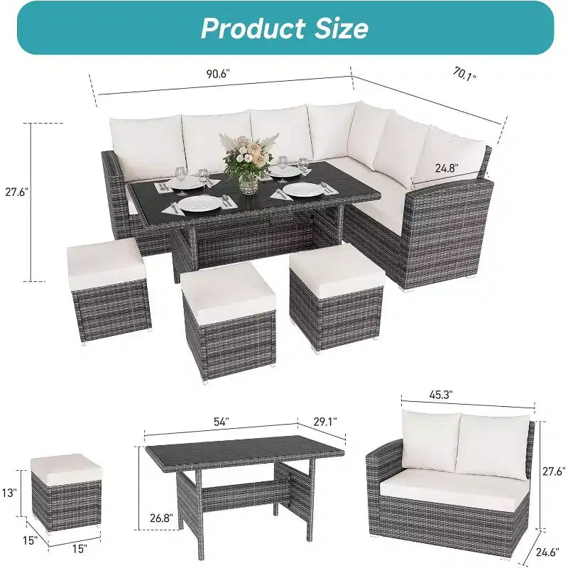 9-Seat PE Rattan Patio Sectional Sofa Set with Storage Table Water-Repellent Cushions Gray for Backyard Deck Poolside