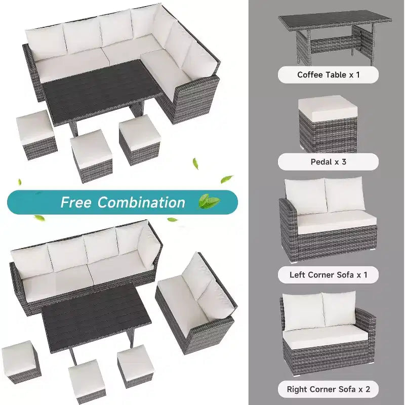 9-Seat PE Rattan Patio Sectional Sofa Set with Storage Table Water-Repellent Cushions Gray for Backyard Deck Poolside