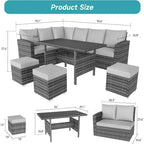 9-Seat PE Rattan Patio Sectional Sofa Set with Storage Table Water-Repellent Cushions Gray for Backyard Deck Poolside