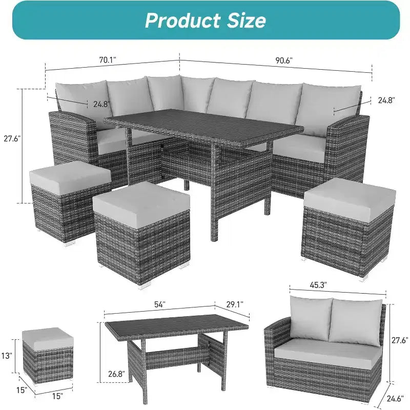 9-Seat PE Rattan Patio Sectional Sofa Set with Storage Table Water-Repellent Cushions Gray for Backyard Deck Poolside
