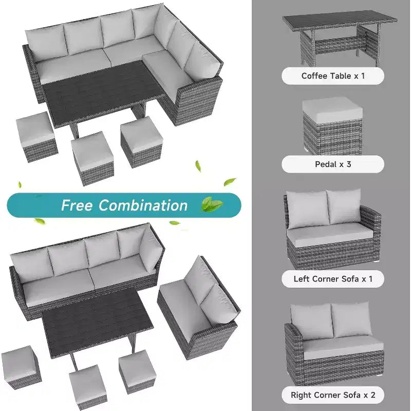 9-Seat PE Rattan Patio Sectional Sofa Set with Storage Table Water-Repellent Cushions Gray for Backyard Deck Poolside